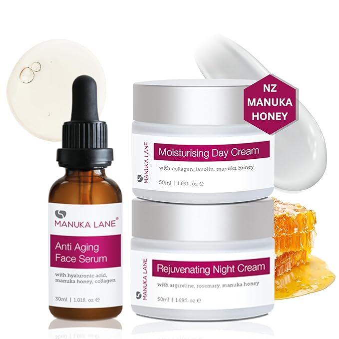 Manuka Honey Complete Skin Care Regimen | Includes (1) Moisturising Day Cream, (1) Anti Aging Face Serum, (1) Rejuvenating Night Cream | Powerful, Safely Derived, and Natural Ingredients.-VivaGrace Women