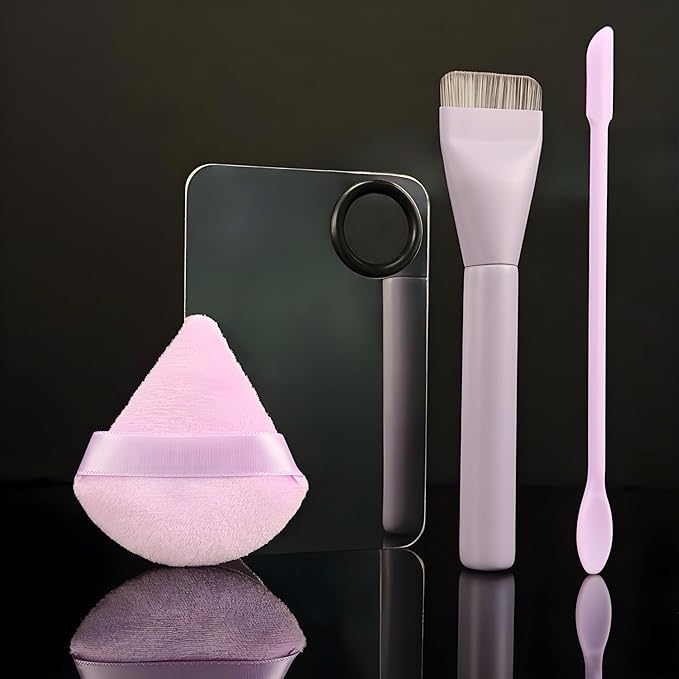 Makeup Brush Set - Flat Foundation Brush, Blender Sponge, Face Spatula, Puff & Heart-Shaped Mixing Palette with Leather Case – Complete Face Makeup Tool Kit for Blending, Foundation & Application-VivaGrace Women