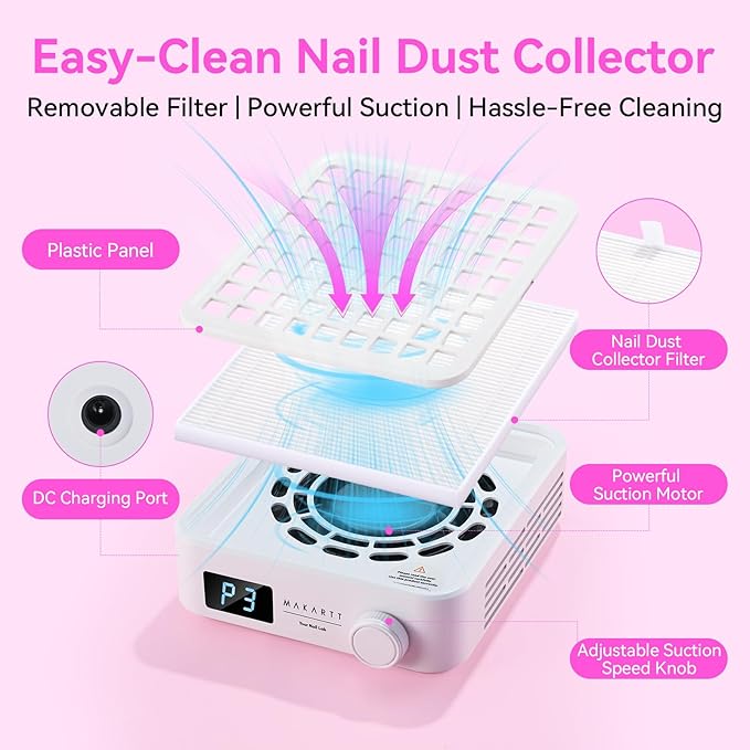 Makartt Professional Nail Dust Collector – Powerful Dust Collector Nail Tech Quite Suction Machine for Acrylic Nails Manicure & Pedicure Salon & Home Use Includes 10pcs Filters & Dust Brush-VivaGrace Women