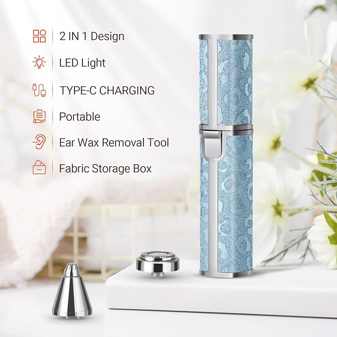 Facial Hair Remover for Face Lip, Electric 2 in 1 Face Shaver and Eyebrow Trimmer, Rechargeable Blue Nose Hair Trimmer for Women with Built-in LED Light-VivaGrace Women