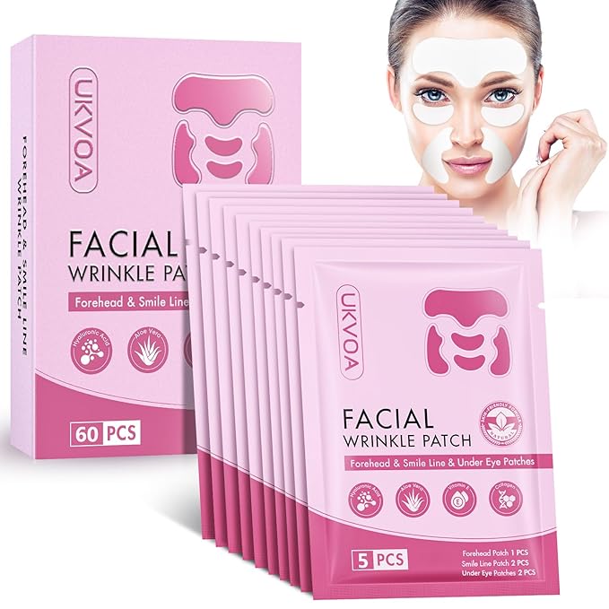 Forehead Wrinkle Patches & Smile Line Patches & Under Eye Patches, Overnight Facial Wrinkle Treatment with Hyaluronic Acid, Aloe, Collagen & Vitamin E to Lift Smile Lines for Women 60pcs-VivaGrace Women