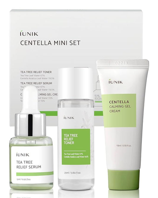 iUNIK Centella Mini Set Travel-Friendly Skincare Set Ultra calming and hydrating for sensitive skin - Tea Tree Relief Toner,Serum, Centella Calming Gel Cream-VivaGrace Women