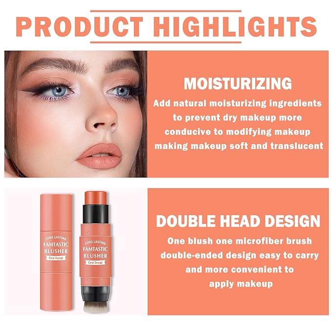 Cream Blush Stick with Brush,Waterproof Blush Makeup,Long Lasting 3 In 1 Cheek Blush & Lip Tint & Eye Shadow Makeup Stick,Easy To Use Blends Effortlessly,Cream Blush Makeup for All Skin Tones - Coral Orange-VivaGrace Women