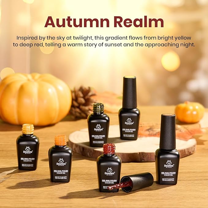 Beetles Fall Gel Nail Polish Set, 6Pcs Yellow Orange Burgundy Red Green Gel Polish Golden Glitter Nails Kit Autumn Realm Collection DIY Nail Art Gifts for Women-VivaGrace Women