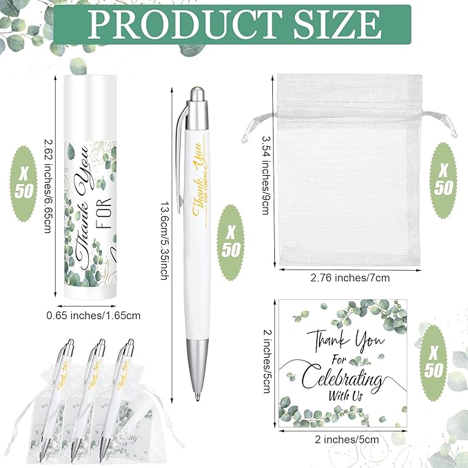 50 Set Bulk Thank You Combo Gifts Include Lip Balms Appreciation Ballpoint Pen Thank You Card Organza Drawstring Gift Bag Pouch for Wedding Parties Baby Shower Favors, Eucalyptus Leaves Style-VivaGrace Women