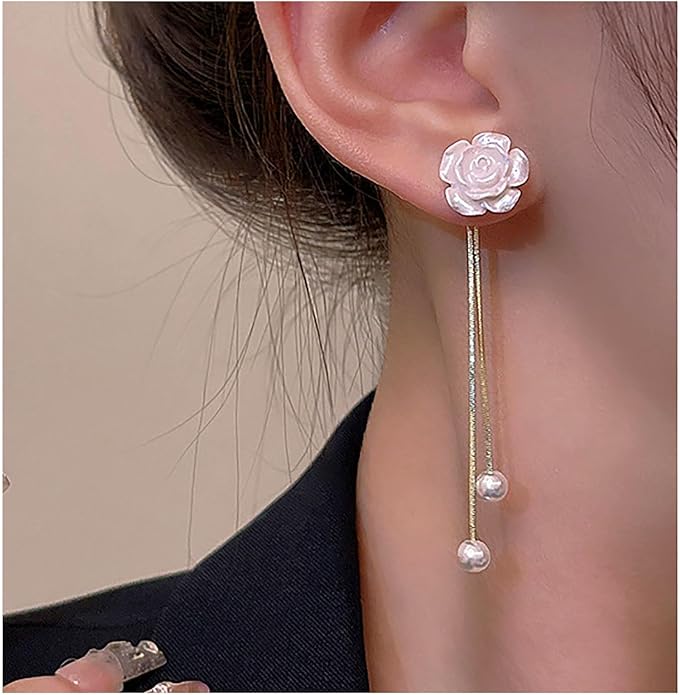 Vintage Flower Pearl Drop Earrings Long Tassel Pearl Earrings White Camellia Stud Earring Gold Pearl Chain Dangle Earrings Jewelry for Women-VivaGrace Women