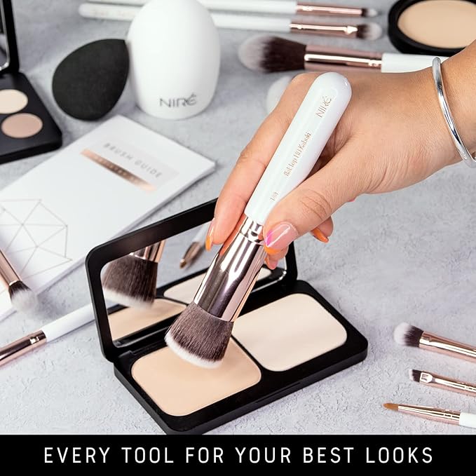 Niré Beauty White 15piece Award Winning Professional Makeup Brush Set: Vegan Makeup Brushes with Case, Makeup Sponge, Cleaner, Guide, Gift Box-VivaGrace Women
