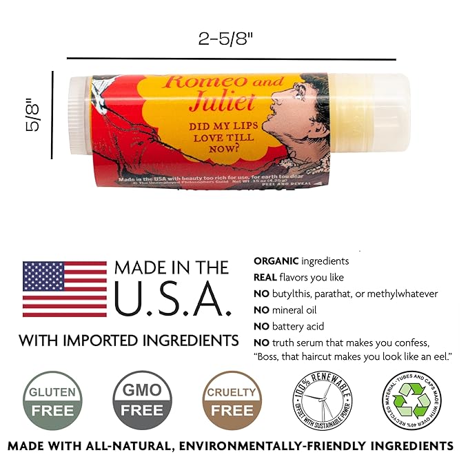 Read My Lips Lip Balm - Full Text of Romeo & Juliet Balcony Scene Under Label, Pear Flavored - Cruelty-Free and Made in the USA from Natural and Imported Ingredients-VivaGrace Women