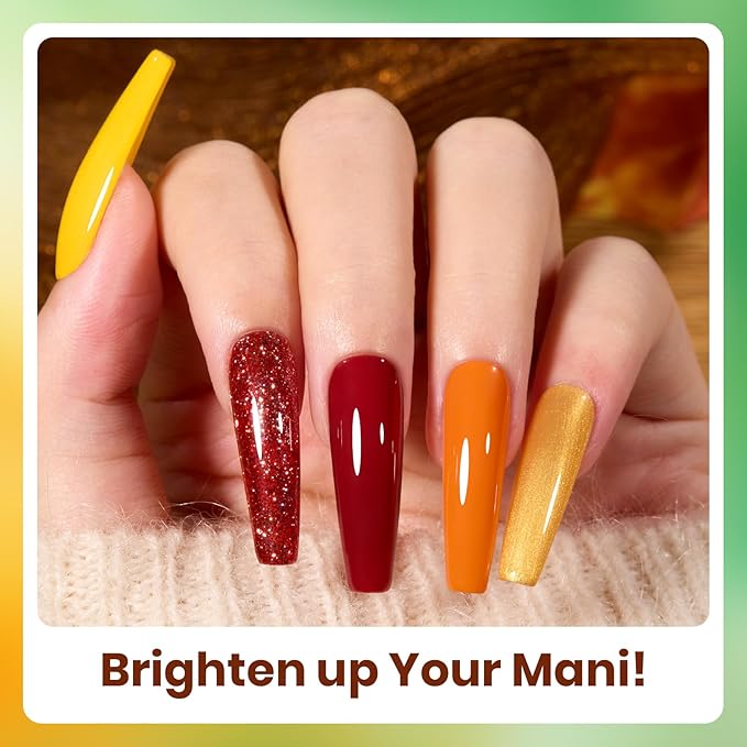 Beetles Fall Gel Nail Polish Set, 6Pcs Yellow Orange Burgundy Red Green Gel Polish Golden Glitter Nails Kit Autumn Realm Collection DIY Nail Art Gifts for Women-VivaGrace Women