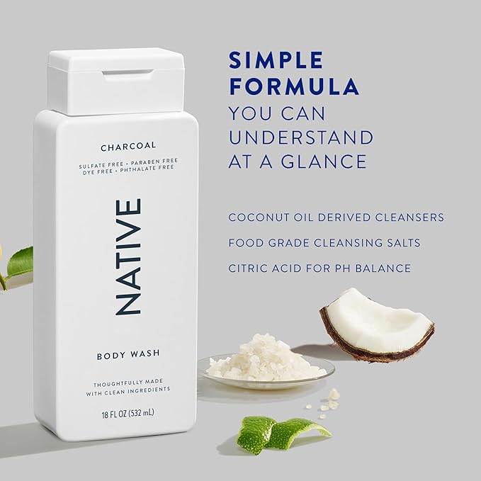 Native Body Wash Contains Naturally Derived Ingredients | For Women & Men, Sulfate, Dye, & Paraben Free Leaving Skin Soft and Hydrated | Charcoal 18 oz - 2 Pk-VivaGrace Women