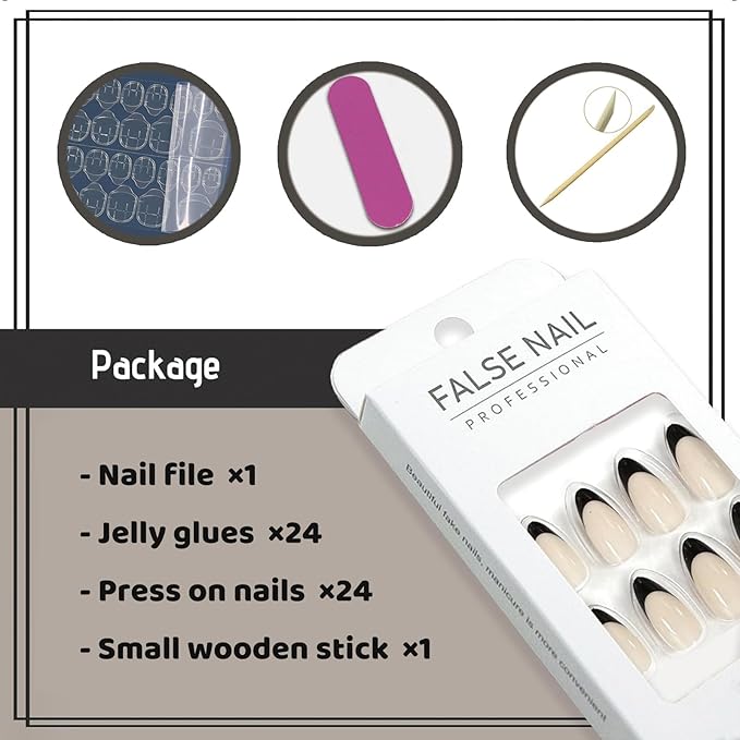 French Tip Press on Nails Medium Almond Fake Nails with Simple Designs Black Stick on Nails Glossy Glue on Acrylic Nails for Women and Girls