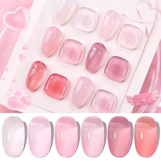 Born Pretty Jelly Gel Nail Polish Sheer Pink Gel Nail Polish Crystal Transparent Milky Gel Polish Kit Nail Art Varnish Collection Gift Set 7ML 6PCS-VivaGrace Women