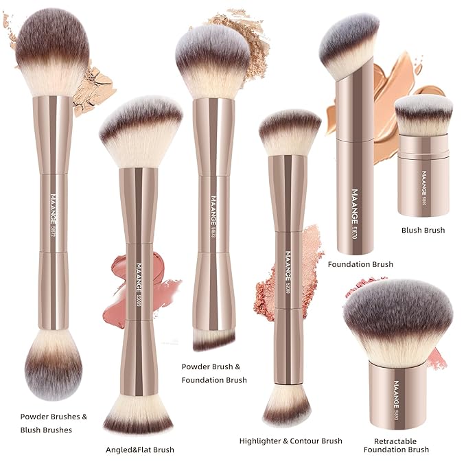 MAANGE 7pcs Makeup Brush Set Double Sided Kabuki Makeup Brushes Contour Brush for Foundation Liquid Powder Concealer Cream Cosmetics Bronzer Blending Blush Buffing Makeup Tools (Gold)-VivaGrace Women