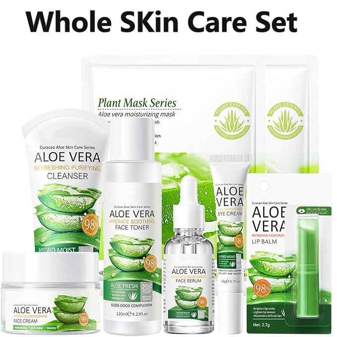 8Pcs Skin Care Products Set, Aloe Vera Skin Care Sets, Skin Care Gift Set for Women Girls, Skincare Routine Set, Face Care Kit with Cleanser, Mask, Toner, Serum, Lip Balm, Eye Cream, Moisturizer-VivaGrace Women