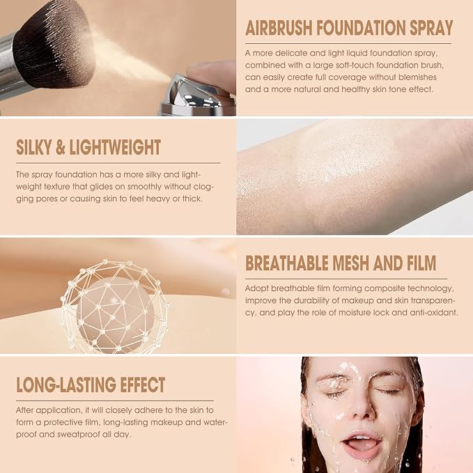 AirBrush Foundation Spray, Silky Mist Foundation Spray Makeup Set with Brush, Full Coverage Foundation for Smooth Radiant Finish, Formula Breathable Lightweight Hydrating | #A01 Ivory-VivaGrace Women