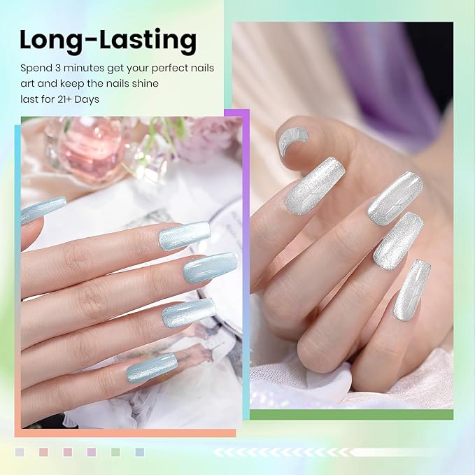 RARJSM Sparkle Diamond Cat Eye Gel Nail Polish Set 6 Colors Nude Pink Milky Jelly Purple Green Blue Silver Glitter Cateye Gel Polish with Magnet Stick UV LED Curing Requires Soak Off Home Salon Diy-VivaGrace Women