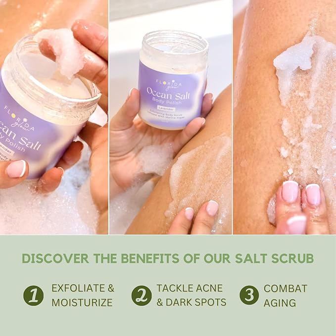 Sea Salt Body Scrub by Florida Suncare - Ocean Salt Body Polish Infused with Marine Algae - Exfoliating Face and Body Scrub - Facial Scrub Exfoliator to Tackle Acne (Key Lime, 3.3 oz)-VivaGrace Women