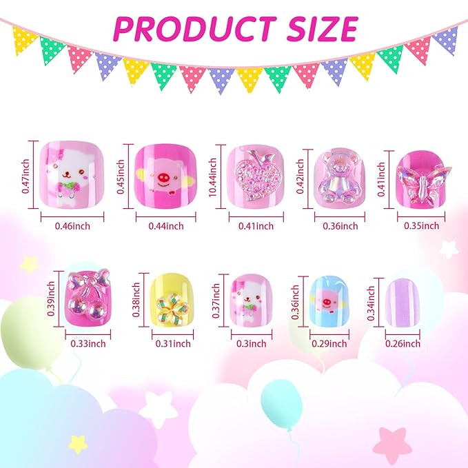 JANYUN Children False Nails, 96Pcs Stick on Nails for Kids Pre-glue Full Cover Short Fake Nails Party Favors Gift (3D)