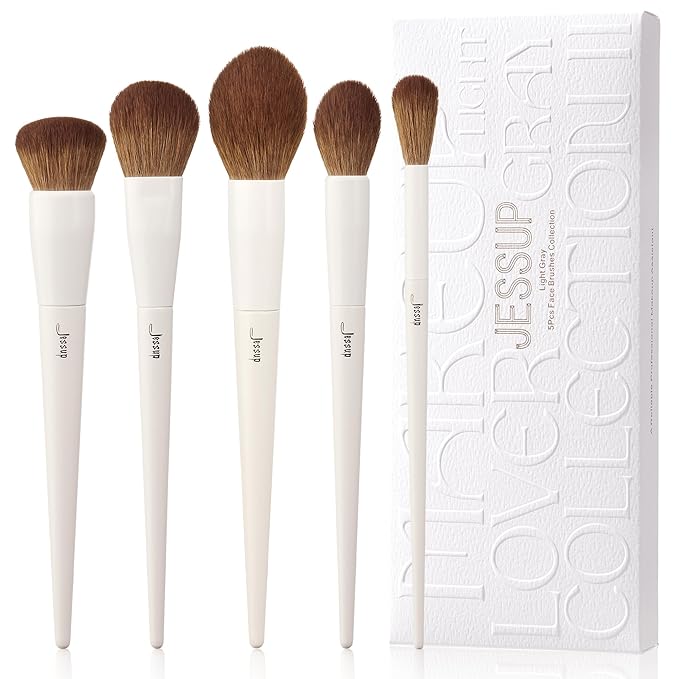 Jessup Makeup Brush Set 5Pcs Face Makeup Brushes Vegan Soft Foundation Brush Blush Brush Bronzer Contour Brush Highlighter Brush Fluffy Setting Powder Brush, Light Grey T493-VivaGrace Women