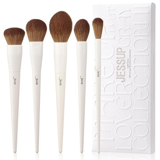 Jessup Makeup Brush Set 5Pcs Face Makeup Brushes Vegan Soft Foundation Brush Blush Brush Bronzer Contour Brush Highlighter Brush Fluffy Setting Powder Brush, Light Grey T493-VivaGrace Women