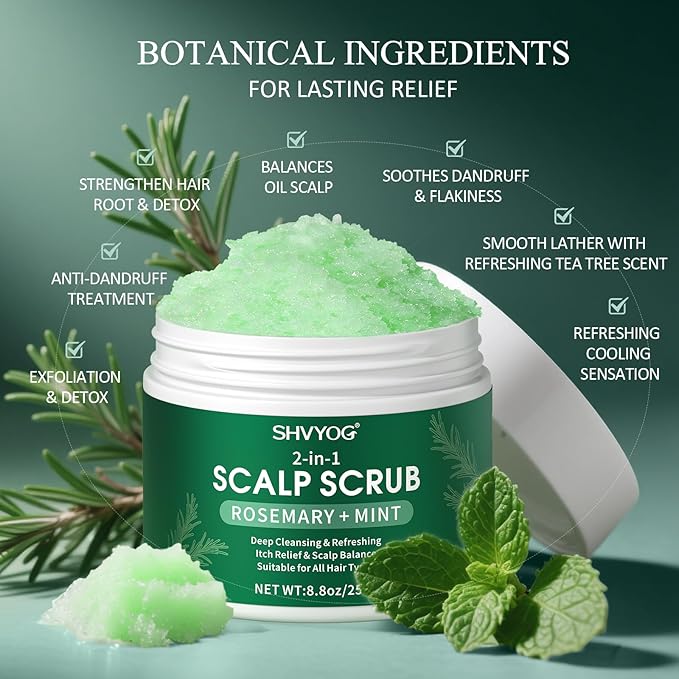 SHVYOG Scalp Scrub, Rosemary Exfoliator Scrub with Peppermint & Sea Salt, Anti-Dandruff Detox Clarifying Exfoliator Shampoo for Deep Scalp Cleanse with Scalp Massager-VivaGrace Women