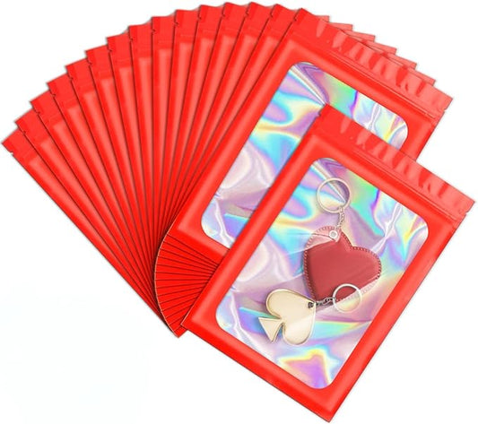 ANZNKU 100 Pcs Smell Proof Mylar Resealable Bags, Holographic Packaging Bags, Resealable Odor Foil Pouch Zip Bags with Clear Window for Food Storage and Lipgloss, Jewelry Lash (Red, 3.9 x 7.1 Inch)-VivaGrace Women