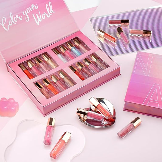 Color Nymph 16 PCS Lip Glosses Collection, Shimmery Lip Glosses for Women and Girls, Long Lasting Color Lip Gloss Set with Rich Varied Colors (Iridescent Pink)-VivaGrace Women