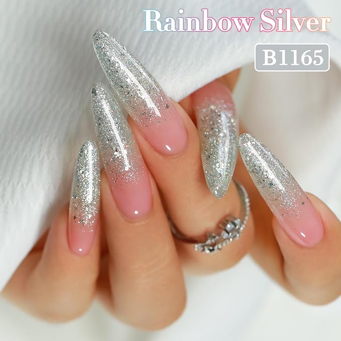 Double Rhythm 0.5Oz Glitter Gel Polish Shimmer Reflective Color for Nail Art Salon DIY Soak Off 15ml Nail Lamp Gel Polish at Home (Rainbow Silver-B1165)