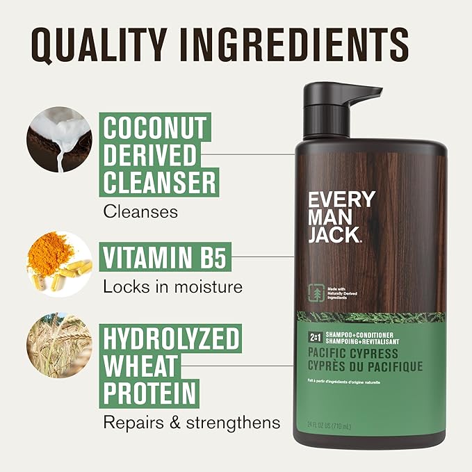 Every Man Jack 2-in-1 Daily Shampoo + Conditioner - Pacific Cypress | Nourishing For All Hair Types, Naturally Derived, Cruelty-Free Shampoo and Conditioner Set for Men | 24oz -1 Bottle-VivaGrace Women