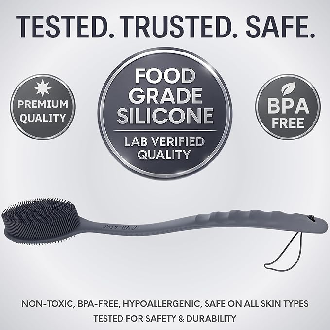 Avilana Silicone Body Scrubber – Gentle Shower Brush & Loofah Alternative- Food Grade & Lab Tested – Fast-Drying, Hygienic, BPA-Free Silicone Body Gentle Exfoliator (Dark Gray, Long Handle)-VivaGrace Women