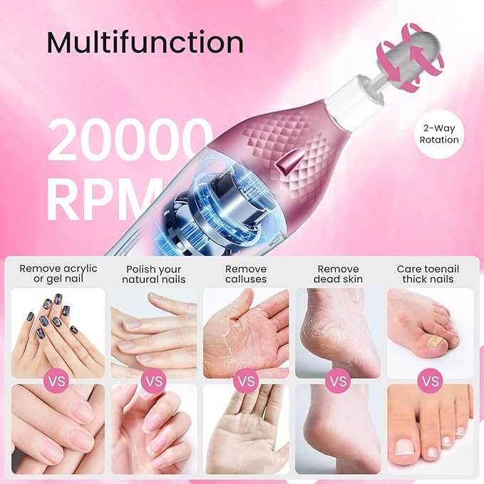36-Piece Professional Manicure Pedicure Kit-Cordless Electric Nail File Kit,20000RPM, 11Pcs Bits,4 Speed,Rechargeable Pedicure Tool for Feet,Hand Foot Care Nail Drill Tool for Nail Grind Trim Polish-VivaGrace Women