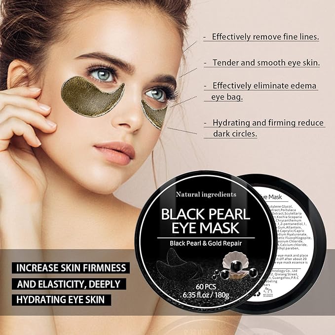 Under Eye Patches, Eye Mask Black Pearl, Puffy Eyes Dark Circles Brighten Treatments, 60PCS Collagen Under Gel Pad for Lighten Wrinkles Anti-Aging, Fine Lines Eye Bags Women Men-VivaGrace Women