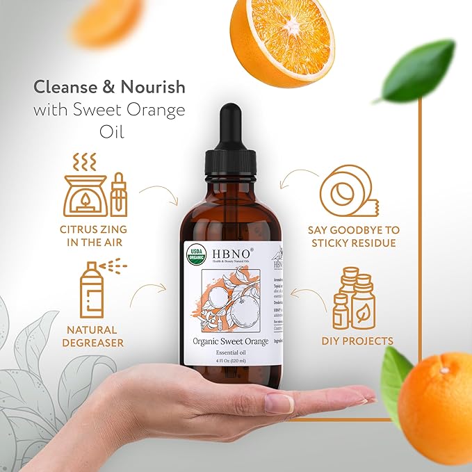 HBNO Organic Orange Essential Oil - Huge 4 oz (120ml) Value Size - USDA Certified Organic Orange Essential Oil, Cold Pressed for Aromatherapy, Soap Making, DIY, Diffuser-VivaGrace Women