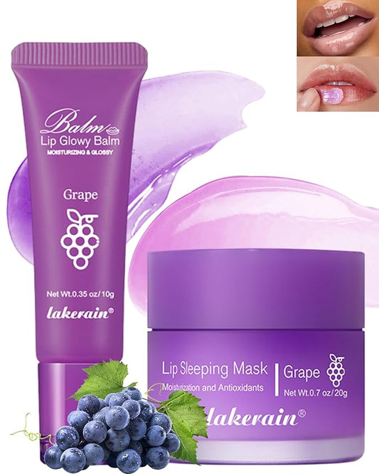 2Pcs Lip Glowy Balm & Lip Sleeping Mask Set,Hydrating Nourishing Repair Sleeping Lip Mask,Glossy Tinted Lip Balm,Day & Night Smooth Cracked Chapped Dry Lip,Lip Care Therapy Treatment for Women-04Grape-VivaGrace Women