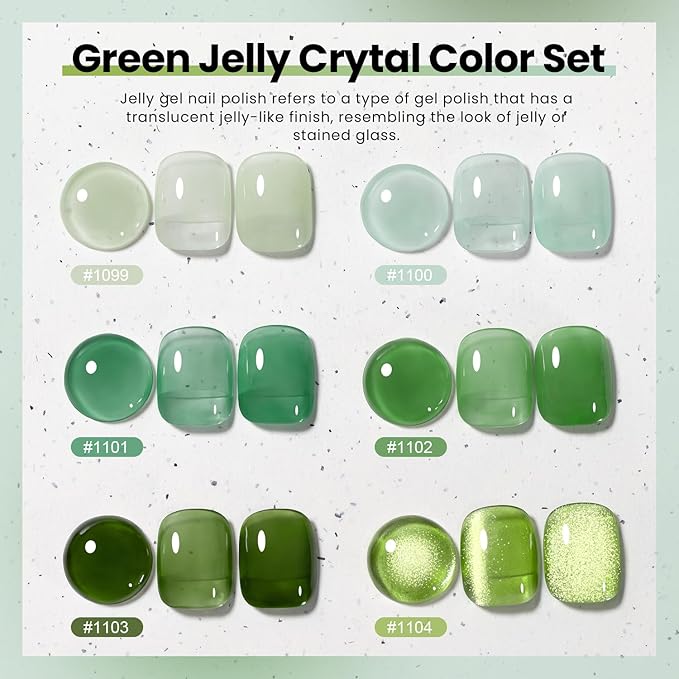 RARJSM Green Jelly Glass Gel Nail Polish Set 6pcs Clear Crytal Army Dark Jade Sage Green Transparent Sheer Amber Series Milky Diamond Cat Eye Gel Varnish LED UV Curing Requires-VivaGrace Women