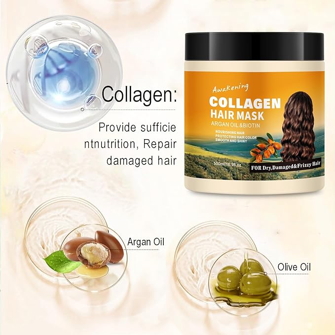 Hair Mask Deep Treatment Conditioner Collagen Protein Argan Oil Biotin Repair For Dry Damaged Frizzy Curly All Hair Types(16.9 Fl Oz/500ml) (collagen)-VivaGrace Women