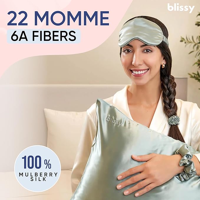 Blissy Silk Pillowcase - 100% Pure Mulberry Silk - 22 Momme 6A High-Grade Fibers - Silk Pillow Cover for Hair & Skin - Regular, Queen & King (Matcha, Queen)-VivaGrace Women