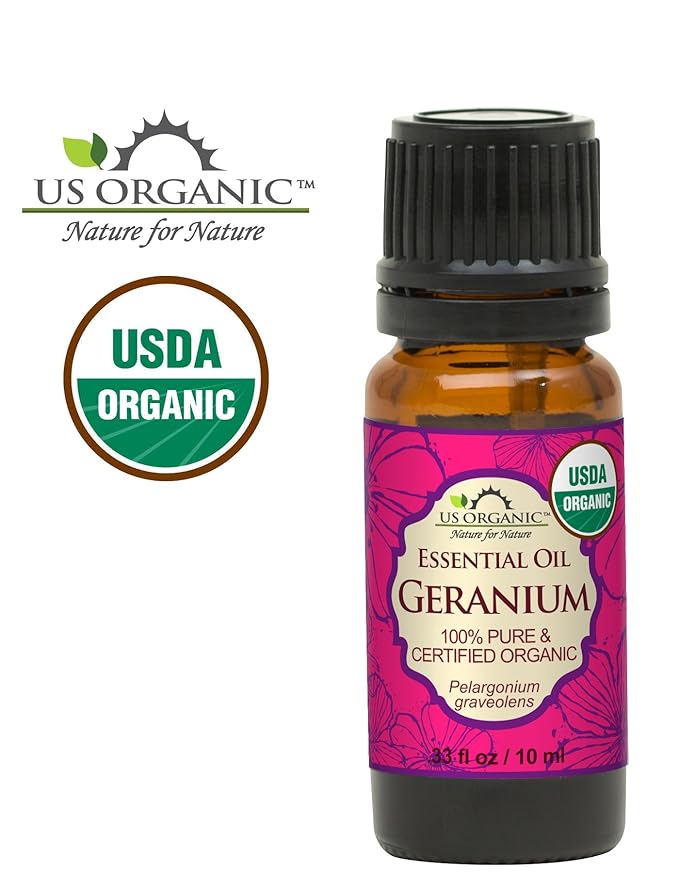 US Organic 100% Pure Geranium Essential Oil - USDA Certified Organic, Steam Distilled - W/Euro droppers (More Size Variations Available) (10 ml / .33 fl oz)-VivaGrace Women