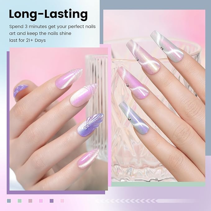 RARJSM Sparkle Diamond Pearl Cat Eye Gel Nail Polish Set 6pcs Velvet Silver Shimmer Pink Green Blue Purple White Glitter Mermaid Swirl Shell Thread Effect with Magnet Stick UV LED Curing Requires-VivaGrace Women