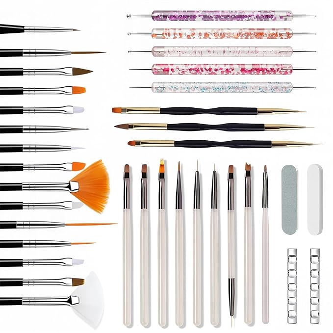 36Pcs Nail Art Brush Set, Acrylic Nail Brushes, Dotting Tools, Liner & Dust Brush, Drawing Pens For Gel Polish, sponge Polishing Rubs, Professional Nail Art Tools For Beginners & Salon Home Use-VivaGrace Women