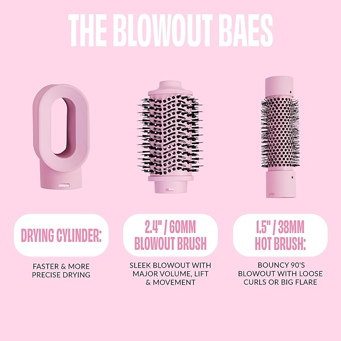 FoxyBae 3-in-1 Ceramic Interchangeable Hair Tools - Blowout Dryer - 3 Detachable Heads - 2.4" Blowout Brush, 1.5" Hot Round Brush & Drying Cylinder Hair Dryer Brush & Hair Styling Set [Party Pink]-VivaGrace Women