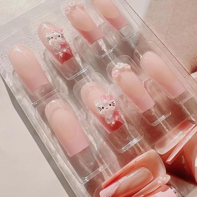 24Pcs French Tip Press on Nails Medium Pink False Nails with Bow Design, Cartoon Cute Nails Press ons Pink Stick on Nails Acrylic Nails Square False Nails for Women