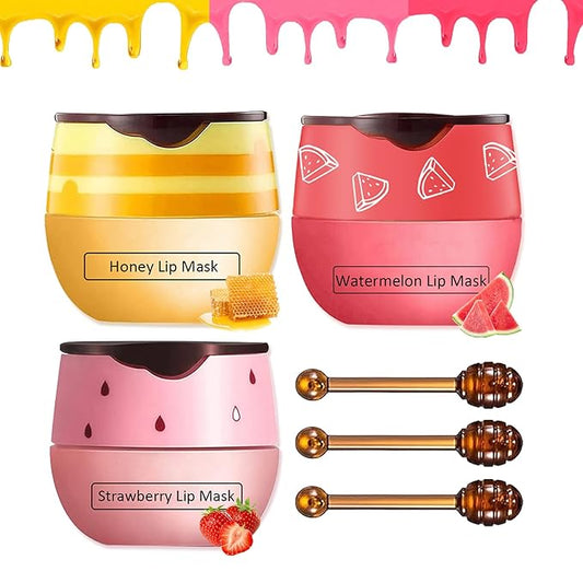 Bee Lip Balm Honey Pot,3 PCS Strawberry&Honey&Watermelon Lip Sleeping Mask,Hydrating Prevention Dry and Cracked Lip Scrubs Exfoliator Lip Care,Moisturizing Lip Mask Overnight Reduces Lip Lines-VivaGrace Women