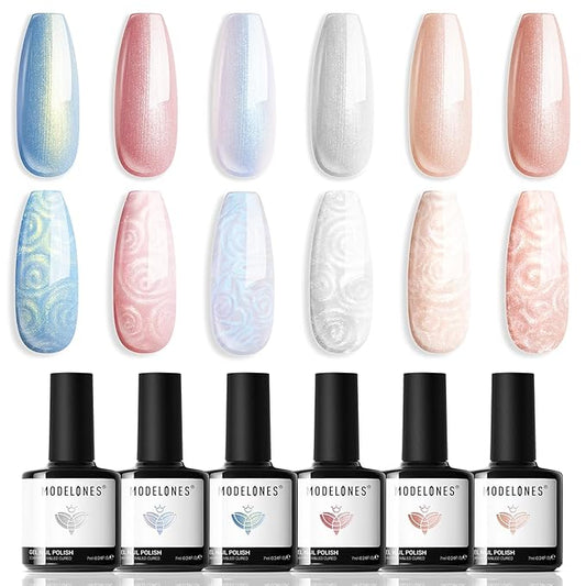 modelones Pearl Gel Nail Polish, 6 Colors Shimmer Glitter Iridescent White Nude Blue Pink Mermaid Nail Drawing Soak Off Gel Polish Swirl Shell Thread Effect Gift DIY at Home with Dotting Pen-VivaGrace Women