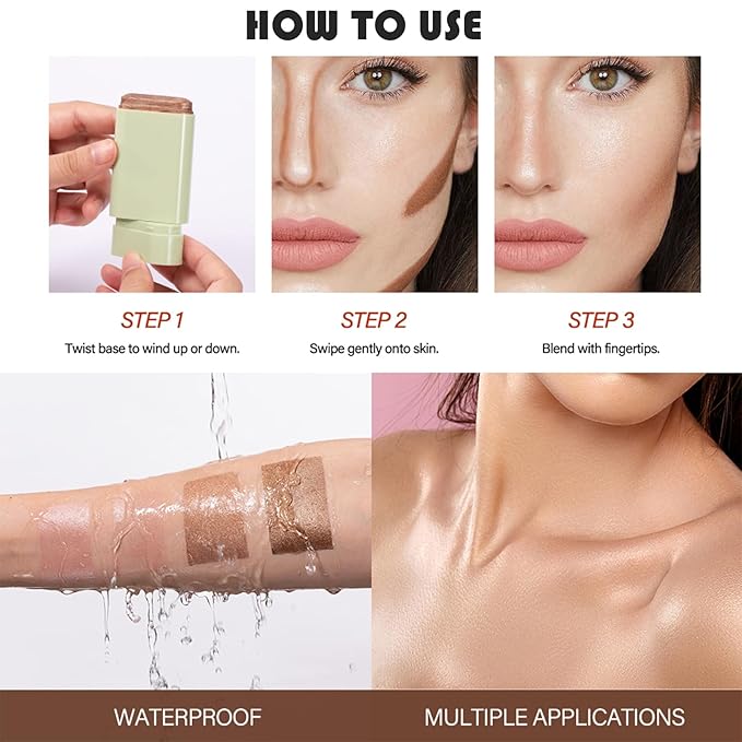 Cream Contour Stick, Face Cream Bronzer Makeup Stick Shimmer Highlighters Body Stick Blendable Long Lasting Highlighter Stick Silky Smooth Formula (3#, Rich Glow)-VivaGrace Women