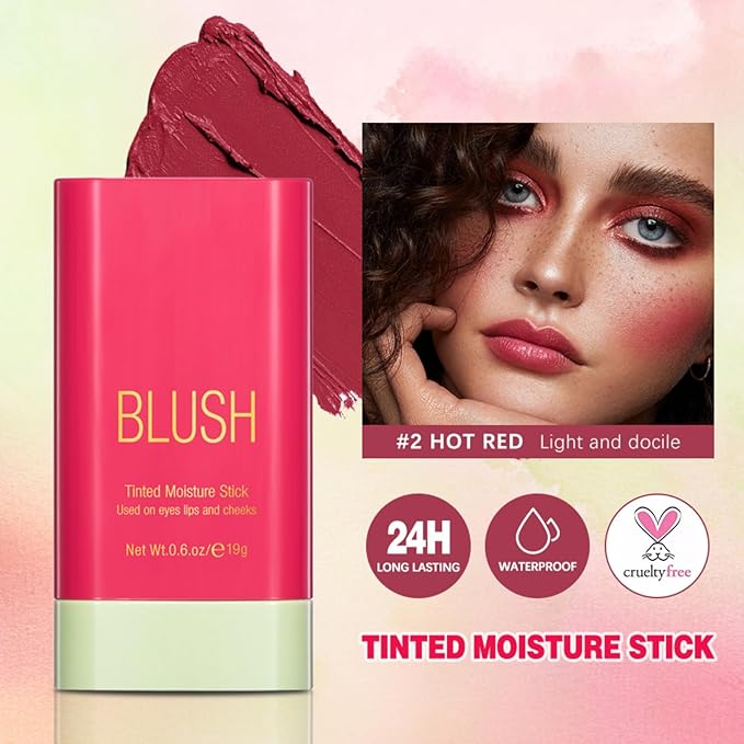 Blush Stick, Cream Blush Stick for Cheeks & Lips, Blendable Long-Lasting Multi-Use Contour Stick & Highlighter Makeup (#2 HOT RED)-VivaGrace Women