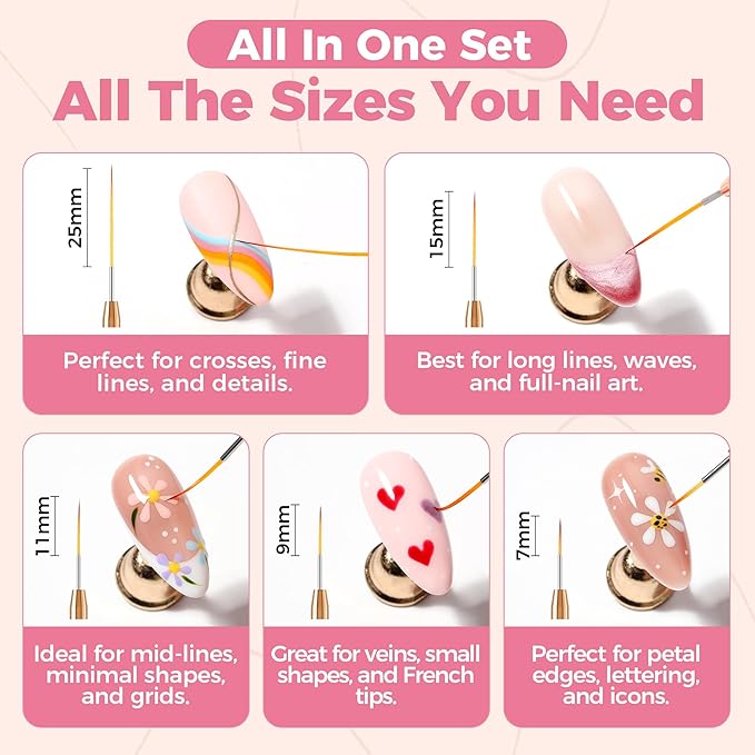 UNA GELLA Nail Art Brushes Metallic, 5 Count Liner Pens Set For Nail Art Gel Polish, Detail Nail Art Design Painting Brush Set For Nails Gel Fine Drawing Nail Tools, Sizes 7/9/11/15/25mm-VivaGrace Women