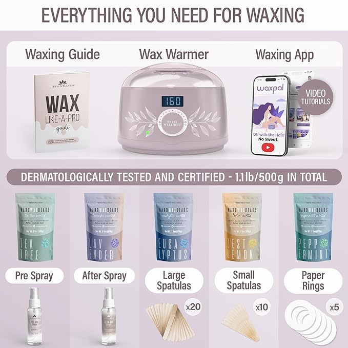 Tress Wellness Waxing Kit for Sensitive Skin – Safe for Face & Skin, Prep & Aftercare Spray, Easy to Use – At-Home Kit for Face, Bikini, Brazilian & Full Body - Digital Display, Dusty Lilac-VivaGrace Women
