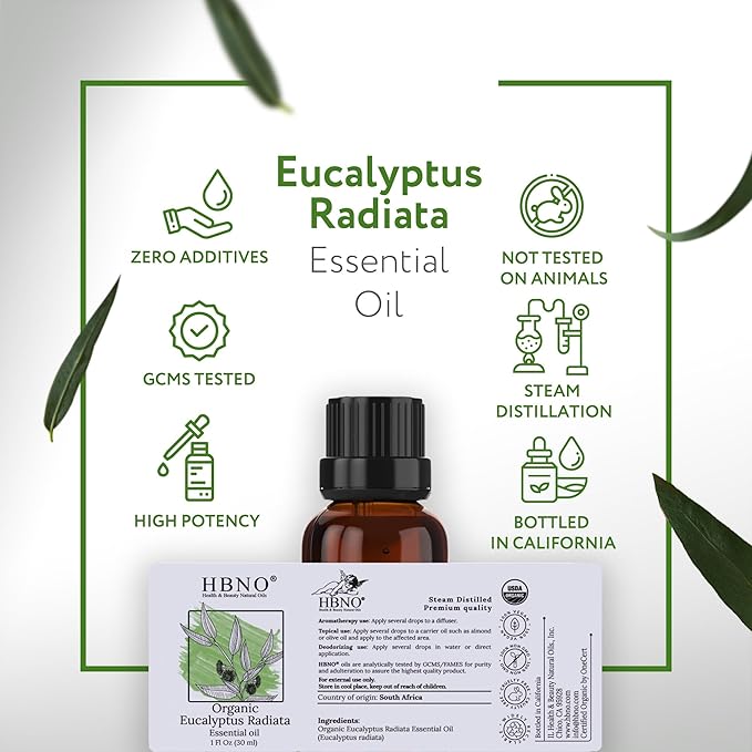 HBNO California Bottled Organic Eucalyptus Essential Oil (Radiata) 1 fl oz (30ml) - USDA Certified Organic Eucalyptus Oil - Perfect Eucalyptus Oil Essential Oil for Aromatherapy-VivaGrace Women