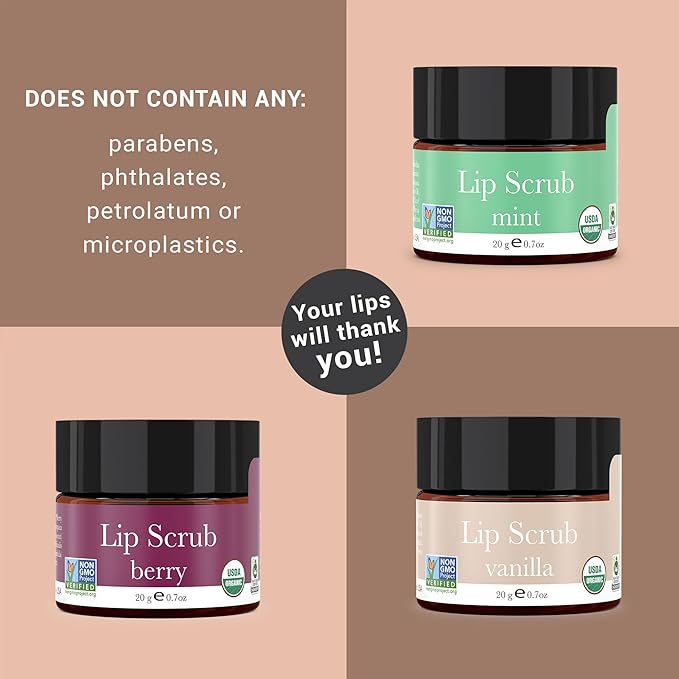 Organic Lip Scrub Vanilla - USA Made Exfoliating Lip Scrub with Natural & Organic Ingredients, Moisturizing Lip Exfoliator Scrub for Dry Lips, Lip Scrubber Exfoliator & Sugar Scrub for Smooth Lips-VivaGrace Women